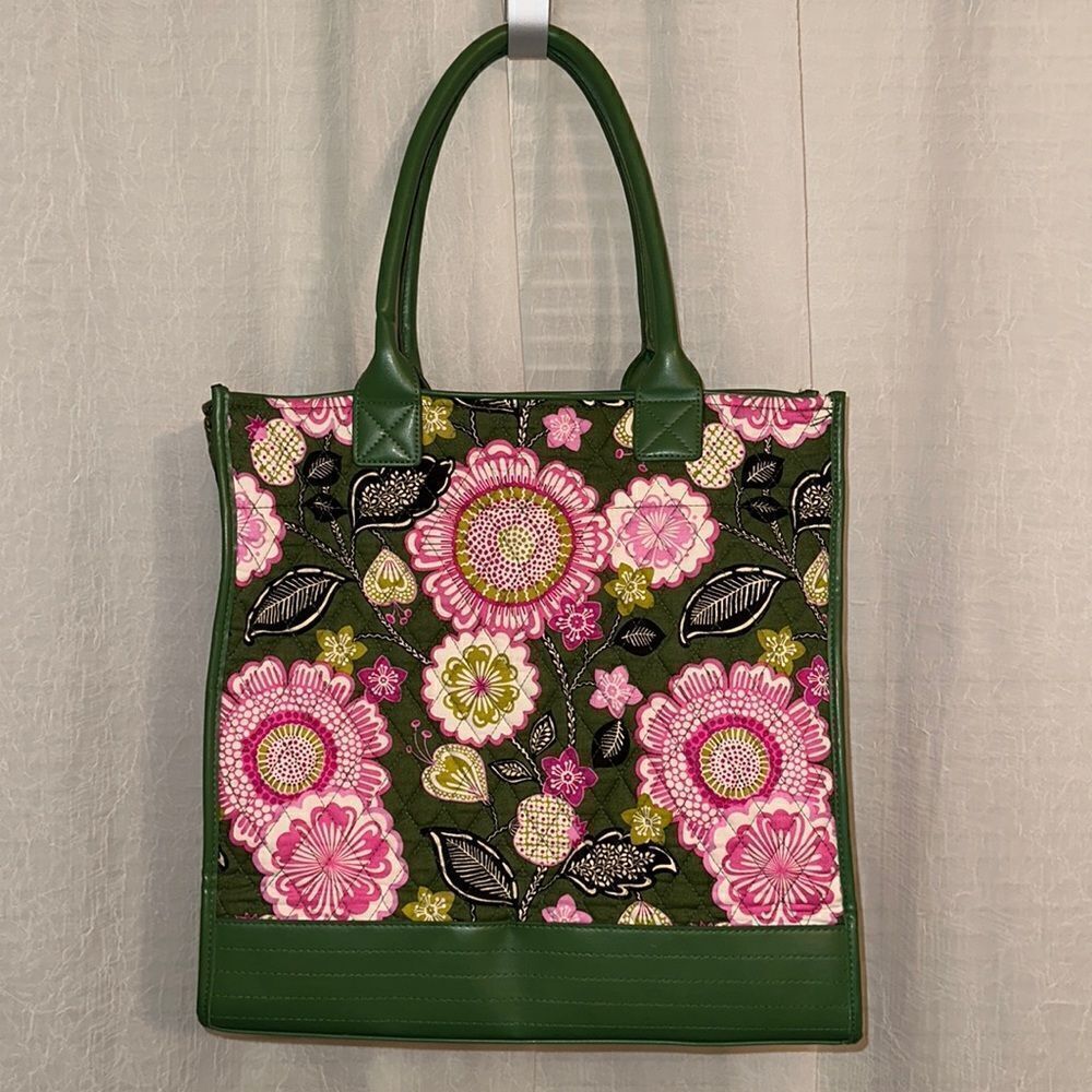 Vera Bradley Olivia Pink Green Large Floral Quilted Leather Combo Tote
